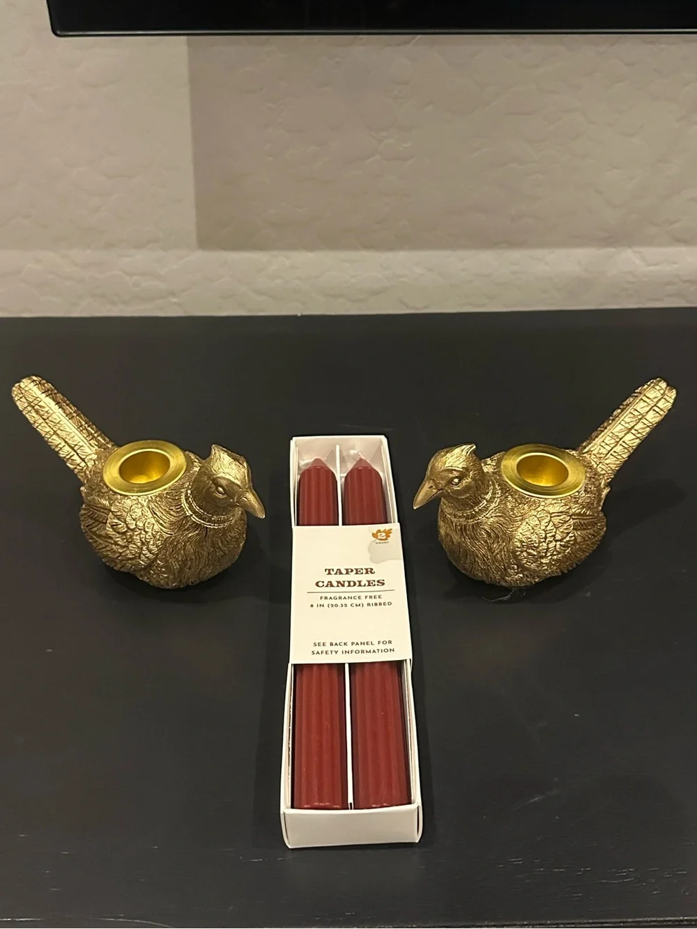 Target Bullseye Gold Bird Taper Candle Holders Set of 2 w/ Maroon Candles